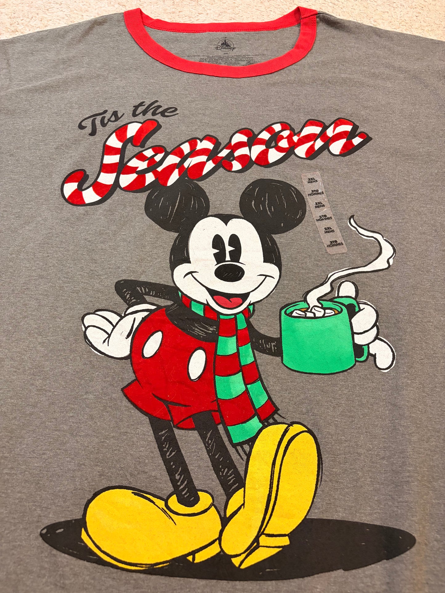 T-shirt Disney Noël Mickey Mouse Tis the Season Gris Ringer Rouge – Neuf – Mixte – Taille 2XL