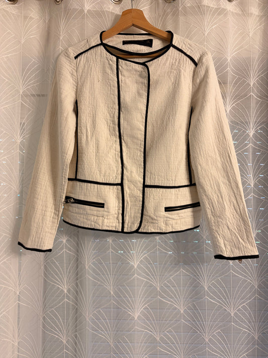Veste Courte Zara Basic Écru Liserés Noirs Coton Texturé – Taille M Femme | Seconde Main