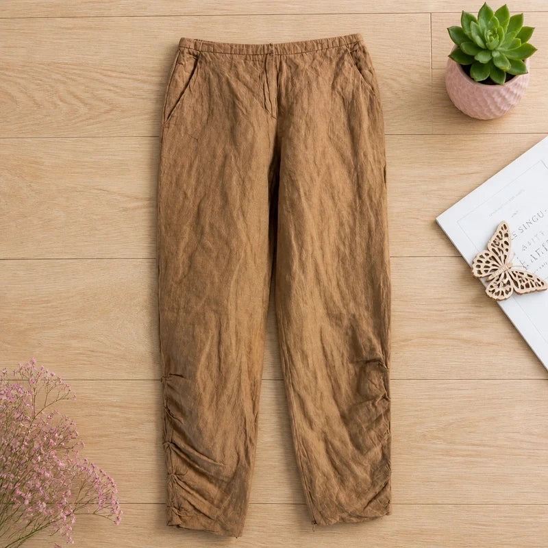 Pantalon Giorgio Armani Ligne Principale Beige Taupe 40% Lin 39% Soie 13% Coton 8% Acier Inox Coupe Carotte Fuselée Fronces Drapées Zips Chevilles Made in Italy IT38 (FR 34-36 / XS-S) – Femme