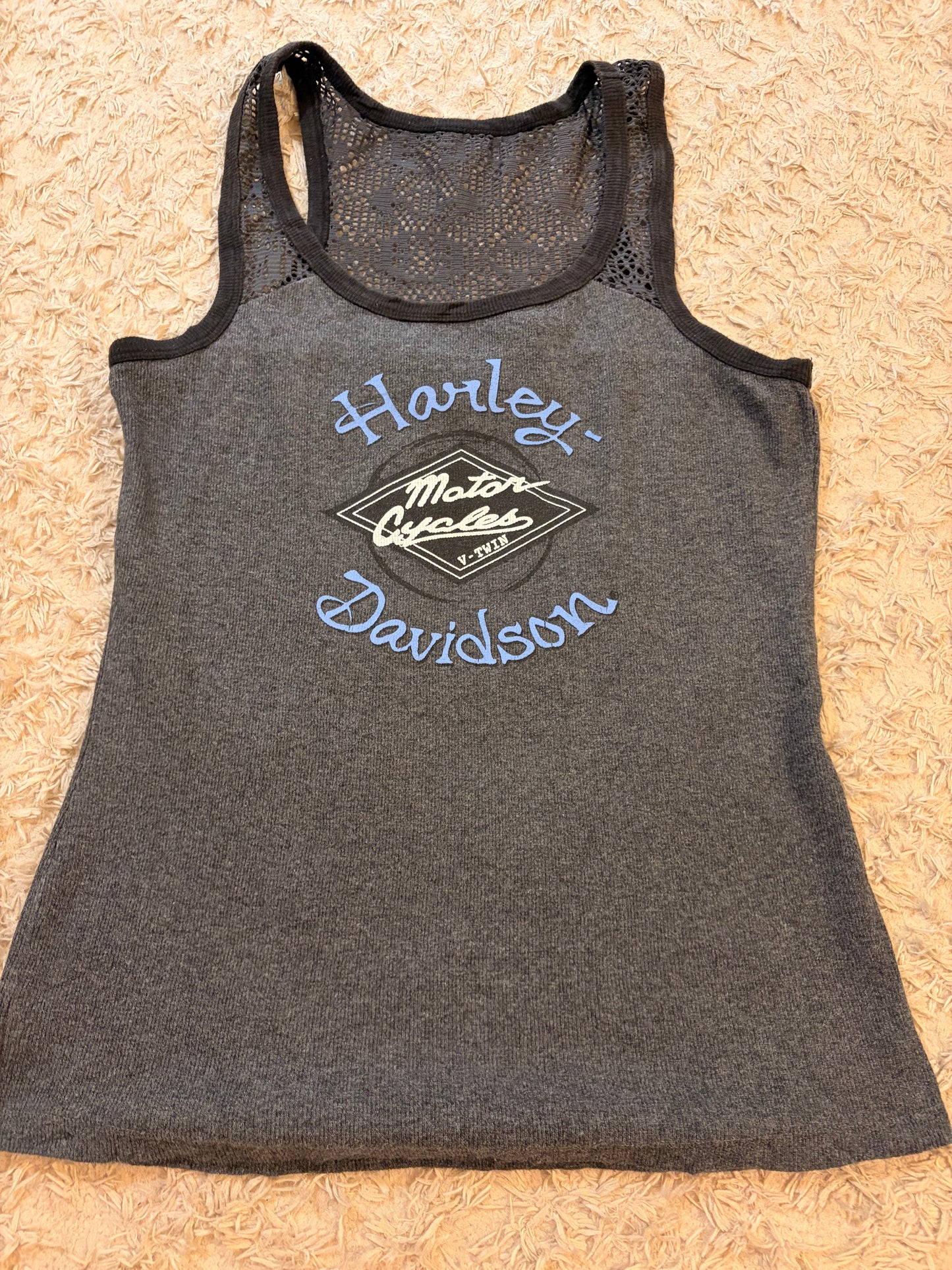 Débardeur Harley-Davidson Genuine Motorclothes Gris Anthracite Résille Dentelle Noire Maille Côtelée – Femme – Taille S