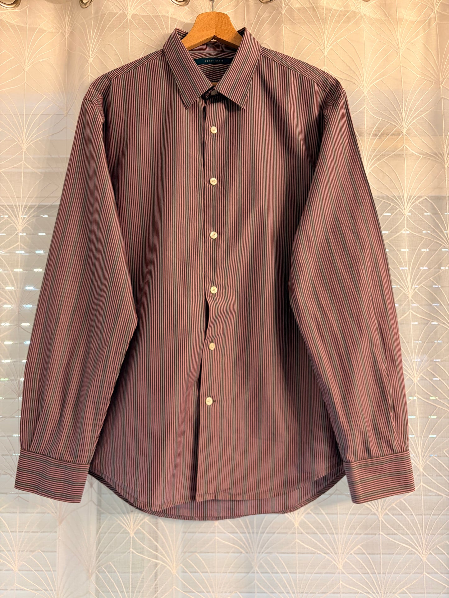 Chemise Perry Ellis Rayures Verticales Bordeaux/Chocolat/Blanc 100% Coton – Homme – Taille L