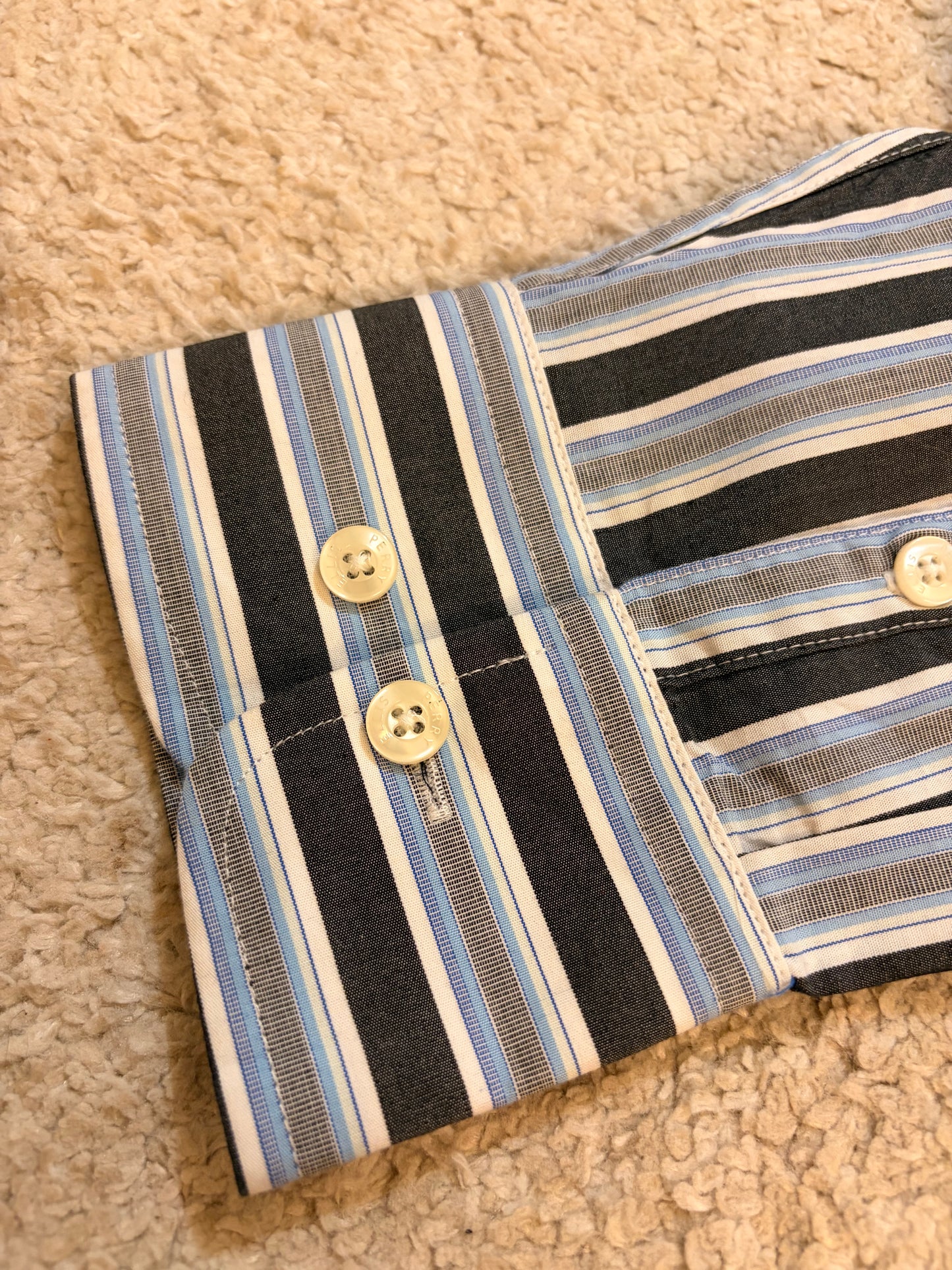 Chemise Perry Ellis Rayures Verticales Bleu/Noir/Blanc 100% Coton Manches Longues – Homme – Taille L