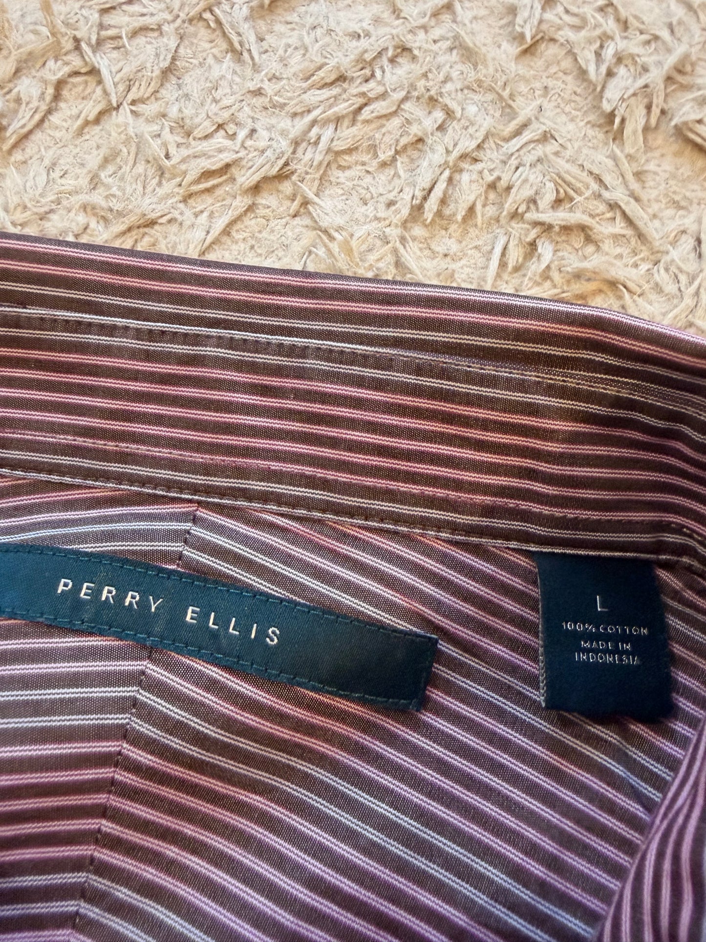 Chemise Perry Ellis Rayures Verticales Bordeaux/Chocolat/Blanc 100% Coton – Homme – Taille L