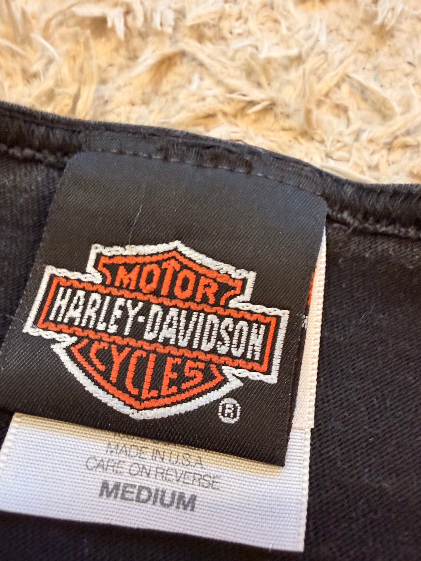 Débardeur Harley-Davidson Vintage 1995 Noir Délavé Hanes Her Way Pinstriping Rouge Dos Worth Kansas City Missouri 100% Coton Made in USA – Femme – Taille M
