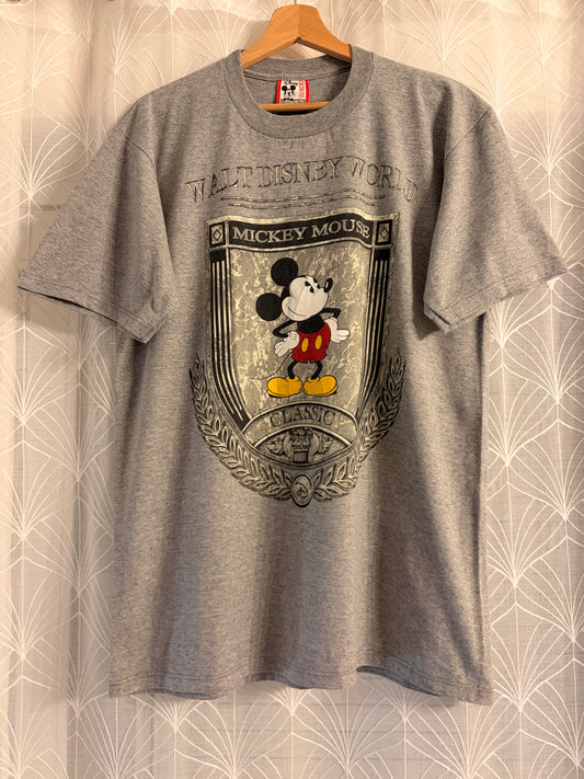 T-shirt Vintage Walt Disney World Mickey Mouse Classic Blason Rétro Gris Chiné – Mixte – Taille L