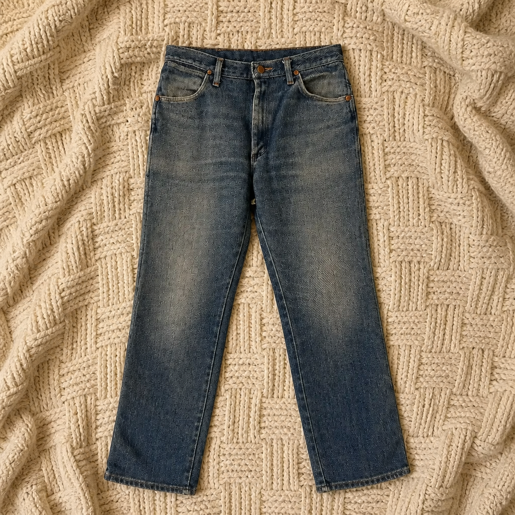 Jean Wrangler Vintage Authentic Straight bleu moyen délavage naturel 100% coton brut bouton relief patch logo dos W34/L32 – Homme | Mode Seconde