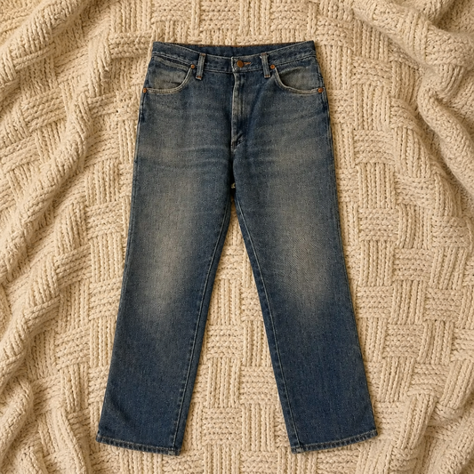 Jean Wrangler Vintage Authentic Straight bleu moyen délavage naturel 100% coton brut bouton relief patch logo dos W34/L32 – Homme | Mode Seconde