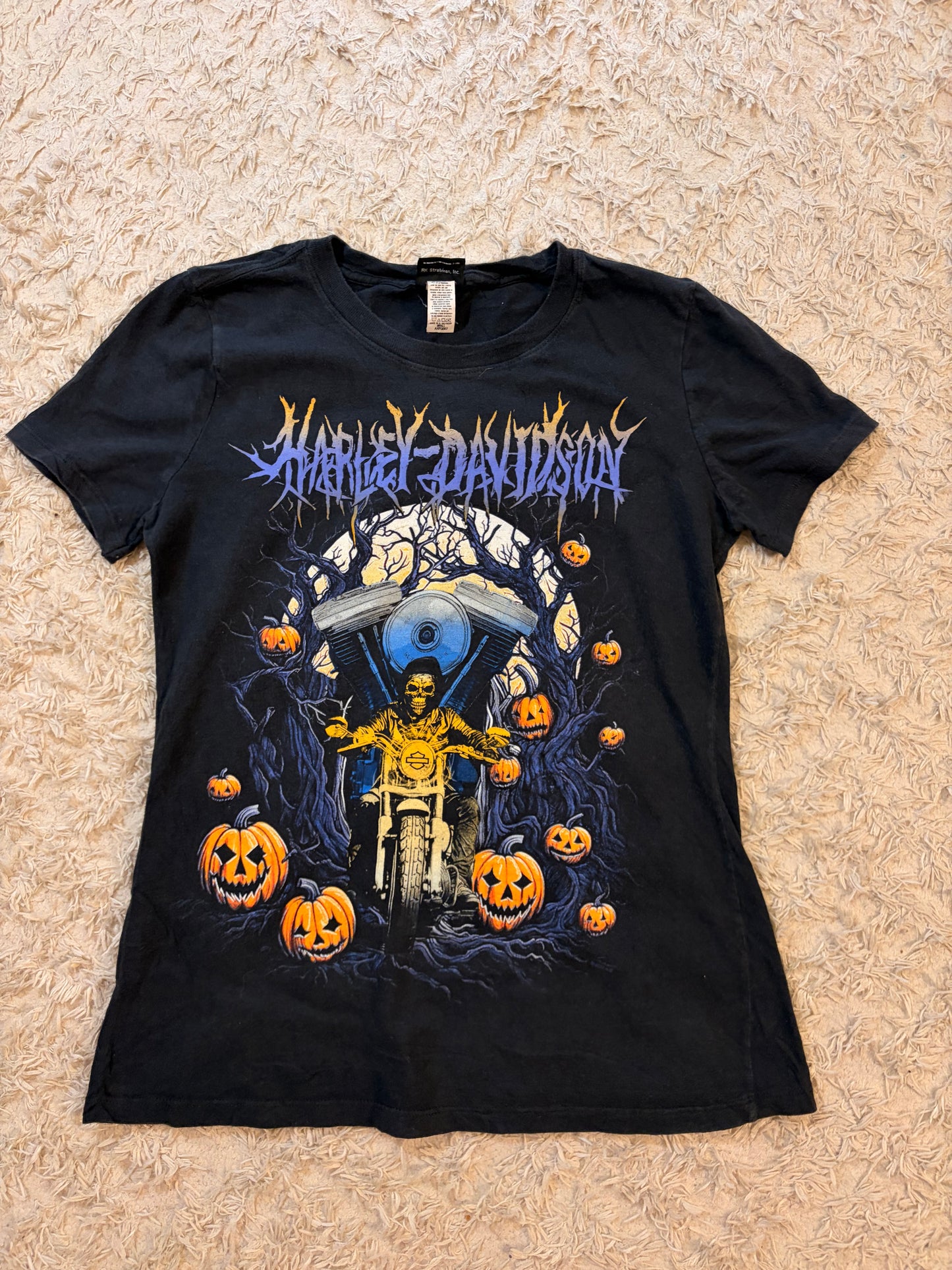 T-shirt Harley-Davidson Halloween Squelette Moto Citrouilles Noir Délavé 100% Coton Modesto California – Femme – Taille S