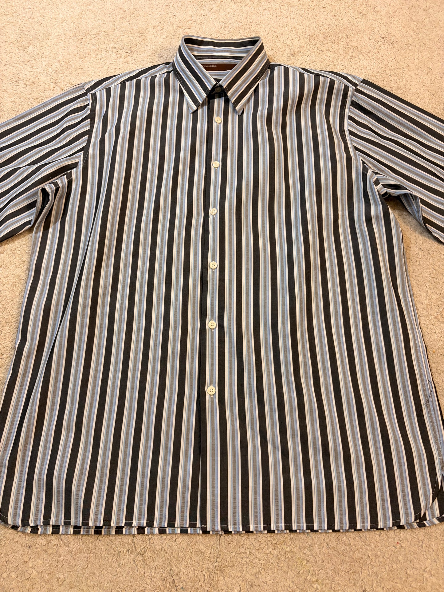 Chemise Perry Ellis Rayures Verticales Bleu/Noir/Blanc 100% Coton Manches Longues – Homme – Taille L
