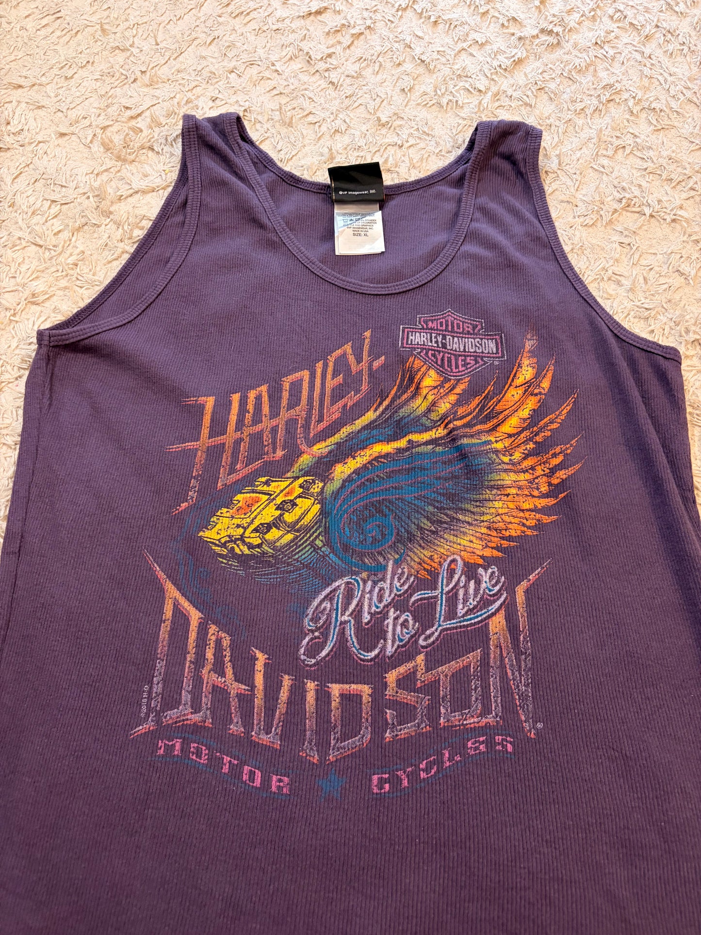 Débardeur Harley-Davidson Honolulu Hawaii Maille Côtelée Violet Prune Ride to Live Ailes Phénix Multicolores 95% Coton Made in USA – Femme – Taille XL