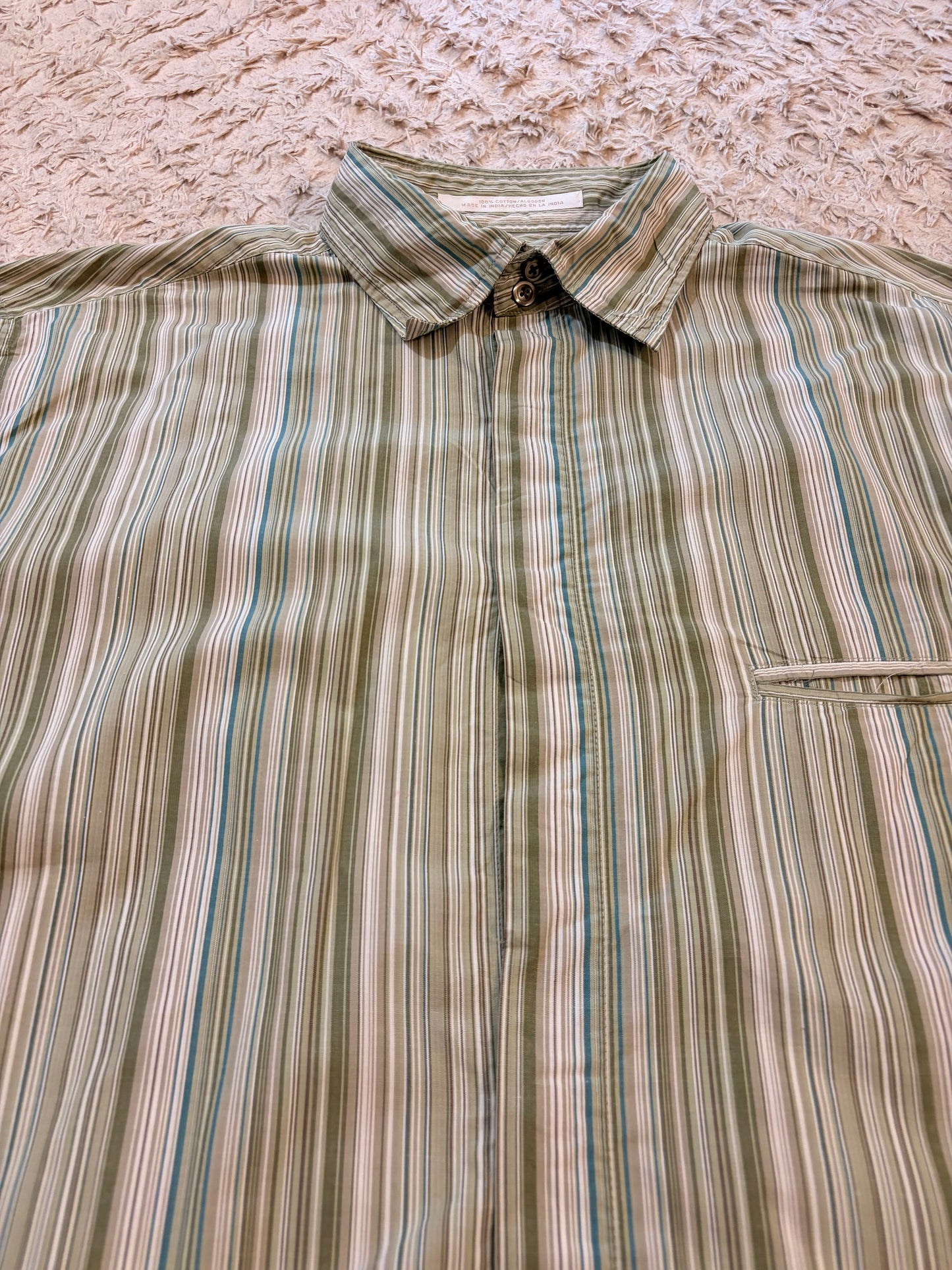 Chemise Perry Ellis Rayures Verticales Vert Olive/Blanc/Bleu Turquoise 100% Coton – Homme – Taille XL