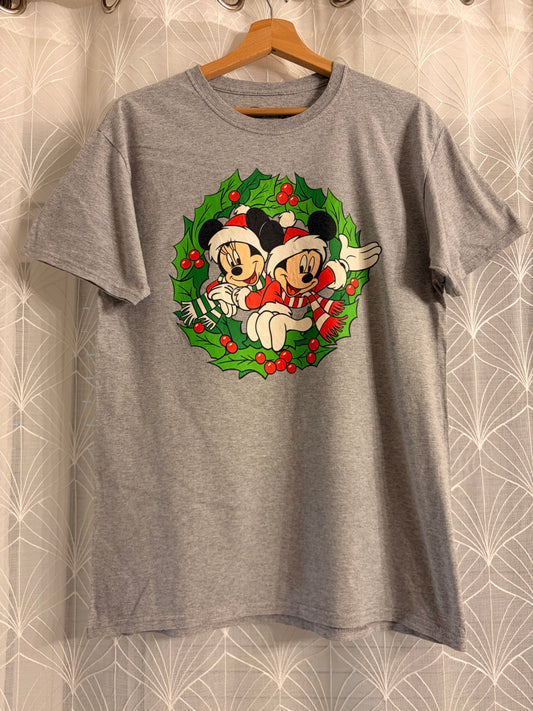 T-shirt Disney Noël Mickey & Minnie Mouse Couronne de Houx Gris Chiné – Mixte – Taille L
