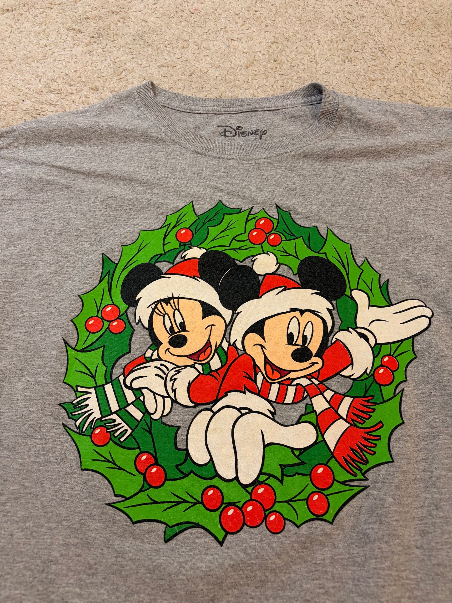 T-shirt Disney Noël Mickey & Minnie Mouse Couronne de Houx Gris Chiné – Mixte – Taille L