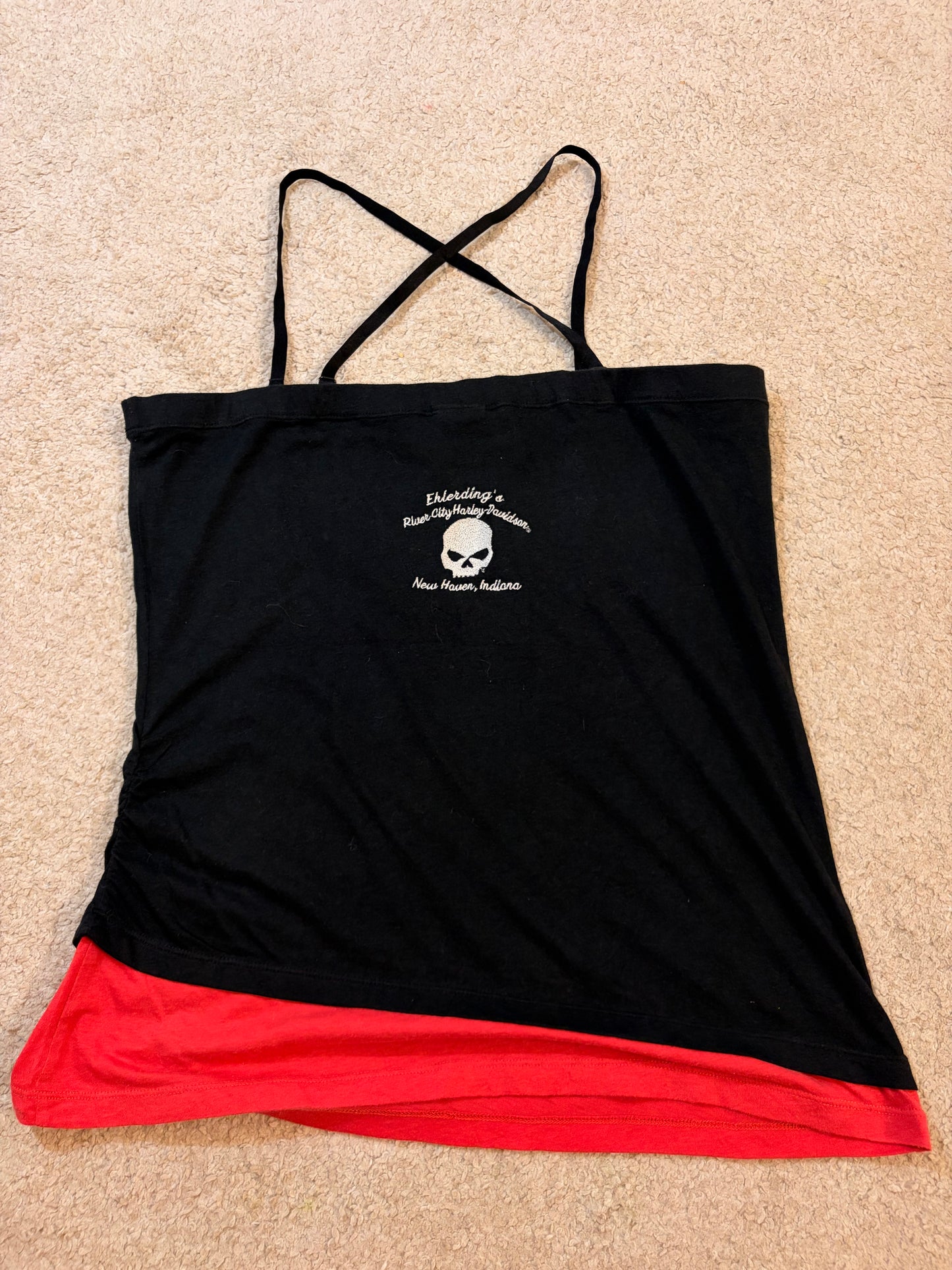Top Débardeur Harley-Davidson Asymétrique Bretelles Croisées Noir/Rouge Paillettes – Femme – Taille L