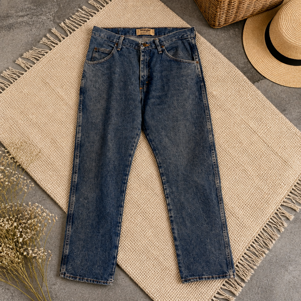Jean Wrangler Authentics Regular Straight bleu moyen stonewash 100% coton W34/L30 patch arrière – Homme – Taille 44 | Mode Seconde