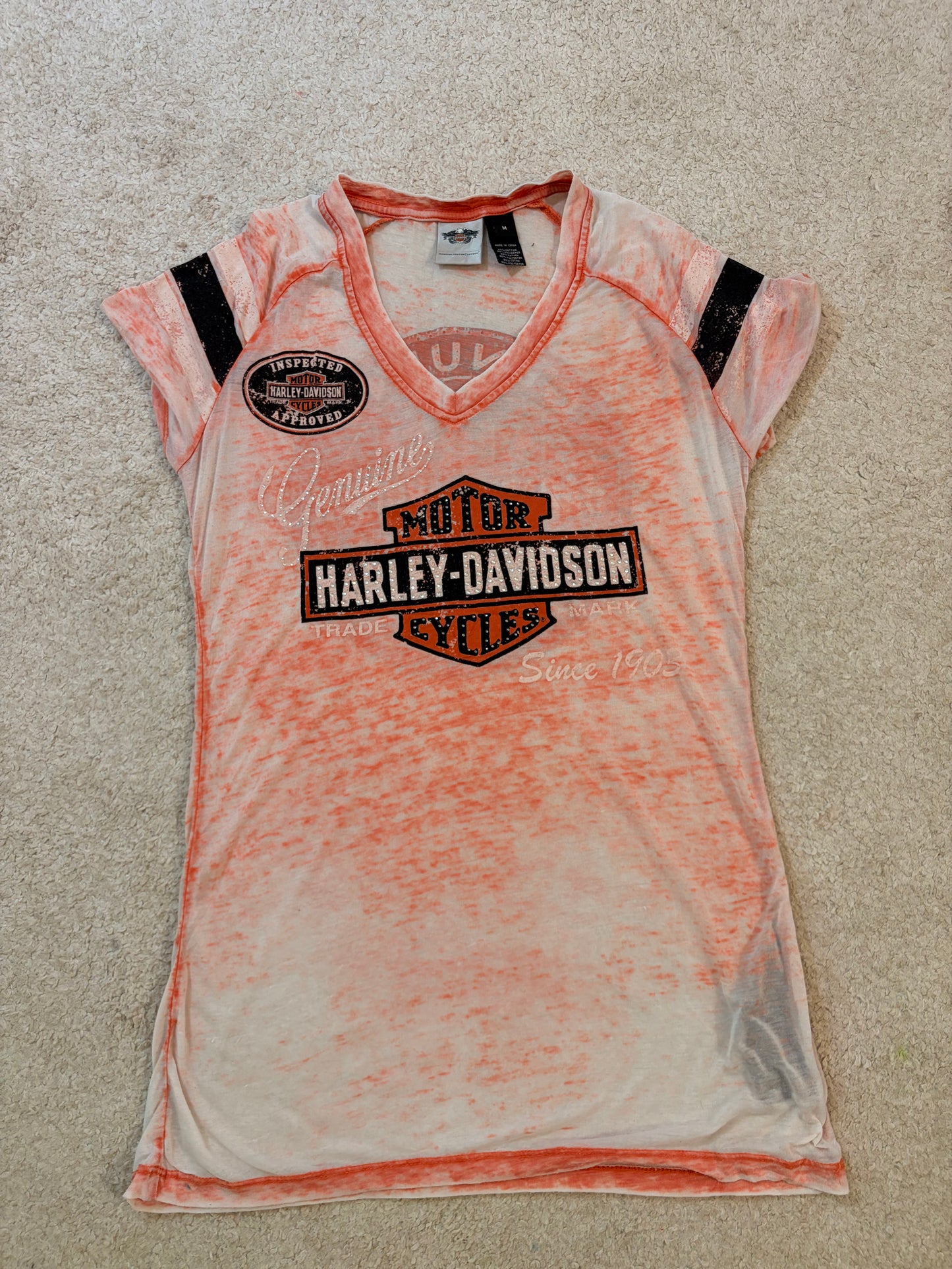 T-shirt Harley-Davidson Burnout Blanc/Orange Col V Paillettes Style Sport – Femme – Taille M