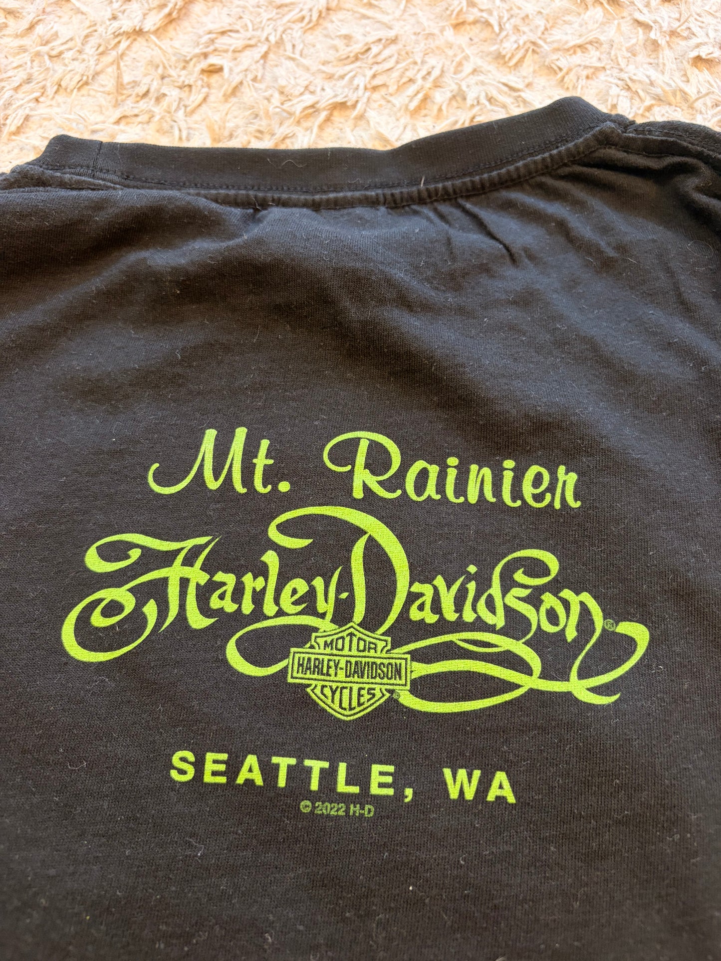 T-shirt Manches Longues Harley-Davidson 2022 Mt. Rainier Seattle Washington Noir Vert Fluo Crâne Trèfles Passes-Pouces 95% Coton Stretch – Femme – Taille M