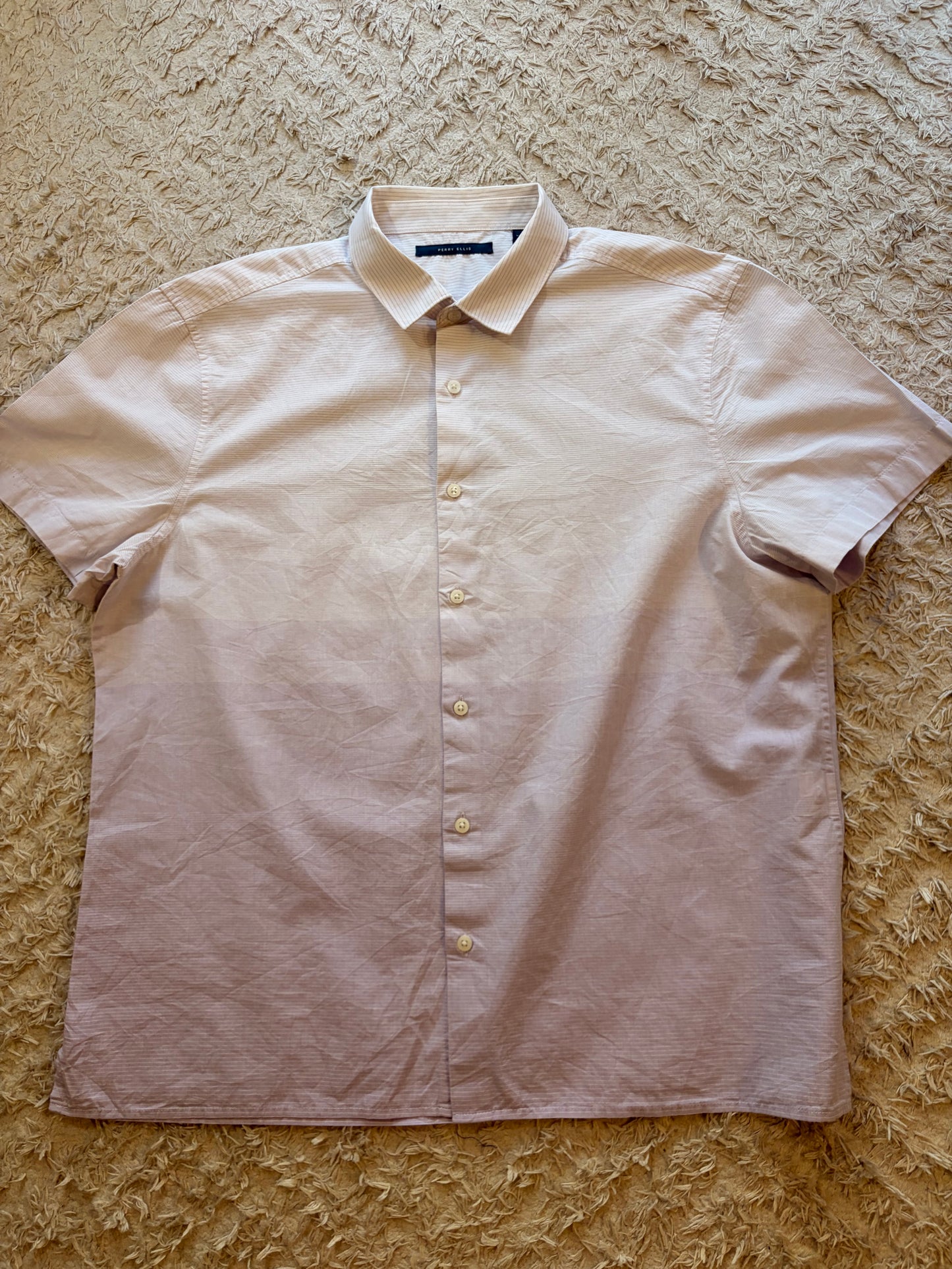 Chemise Manches Courtes Perry Ellis Ombré Rayures Blanc/Violet Lilas 100% Coton – Homme – Taille XL