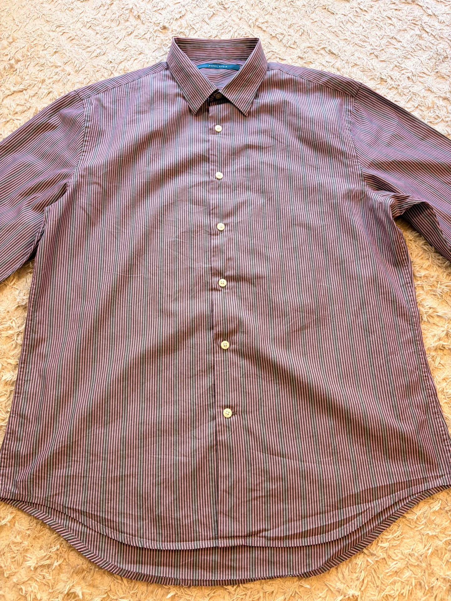 Chemise Perry Ellis Rayures Verticales Bordeaux/Chocolat/Blanc 100% Coton – Homme – Taille L