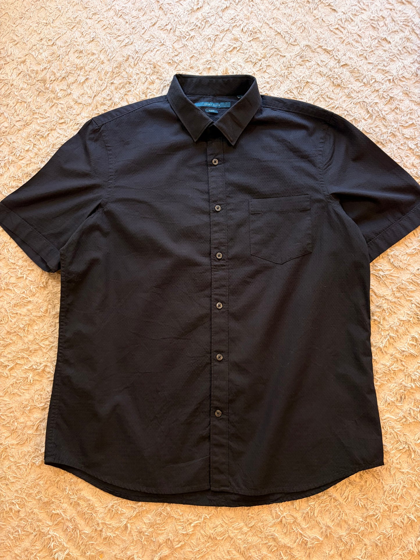 Chemise Perry Ellis Slim Fit Noire Manches Courtes Tissu Texturé Micro-Motifs – Homme – Taille XL