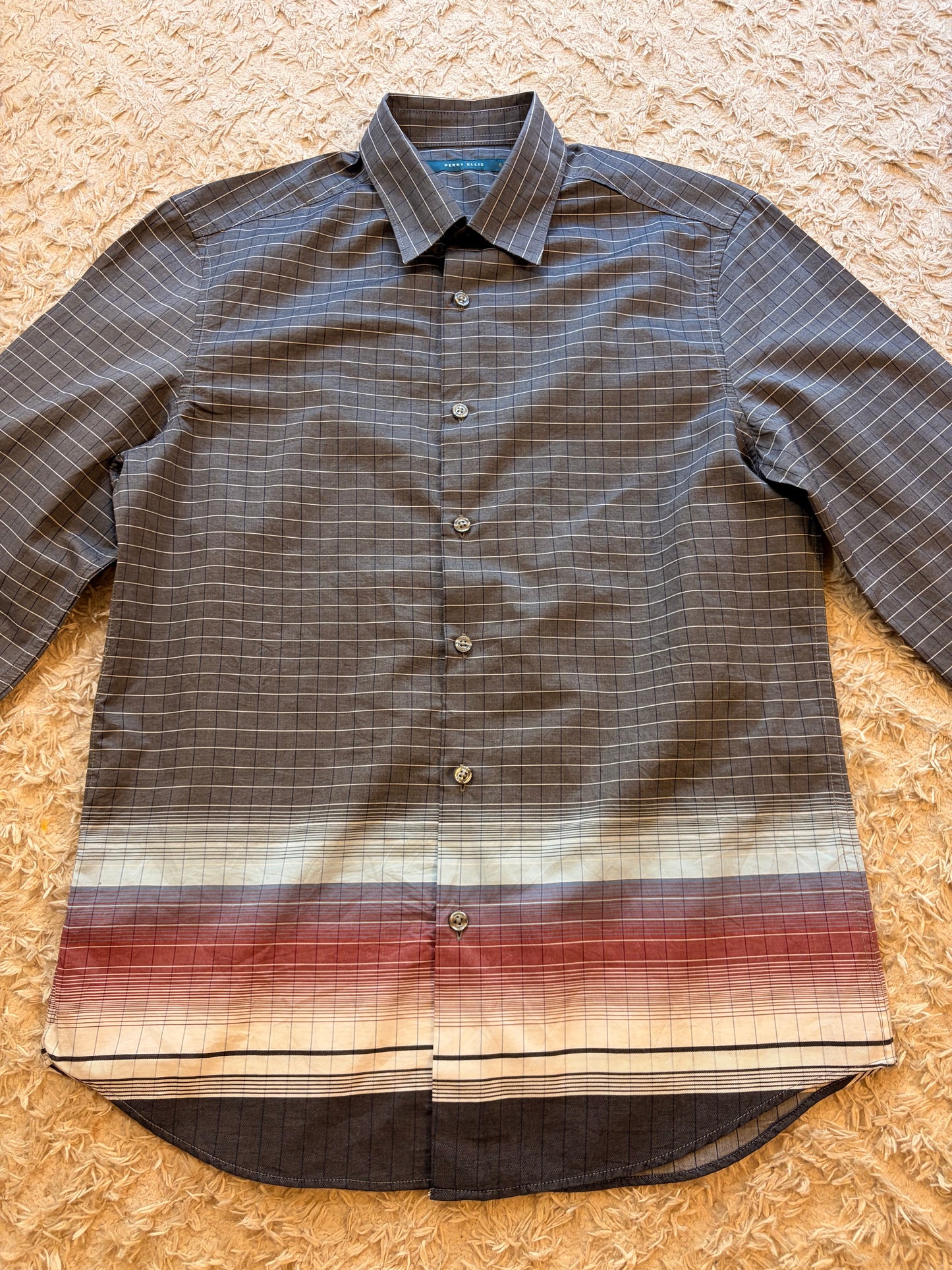Chemise Perry Ellis Ombré Dégradé Carreaux Gris Anthracite Bande Multicolore Rouge/Beige/Bleu 100% Coton – Homme – Taille S