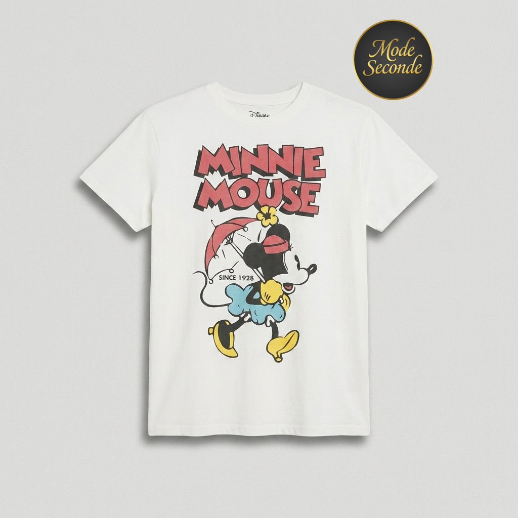 T-shirt Disney Minnie Mouse Since 1928 vintage blanc crème ombrelle 50% coton 50% polyester – Femme – Taille L | Mode Seconde