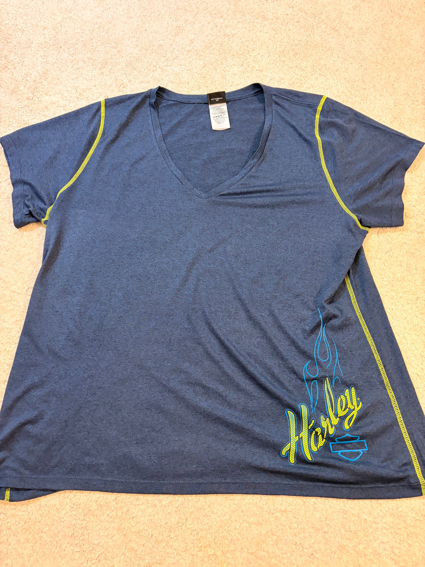 T-shirt Harley-Davidson Col V Bleu Chiné Flammes – Grande Taille 1X (XL/XXL) – Femme