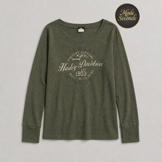 T-shirt manches longues Harley-Davidson Legendary Factory Customs vert kaki chiné passe-pouces effet distressed – Femme – Taille L | Mode Seconde