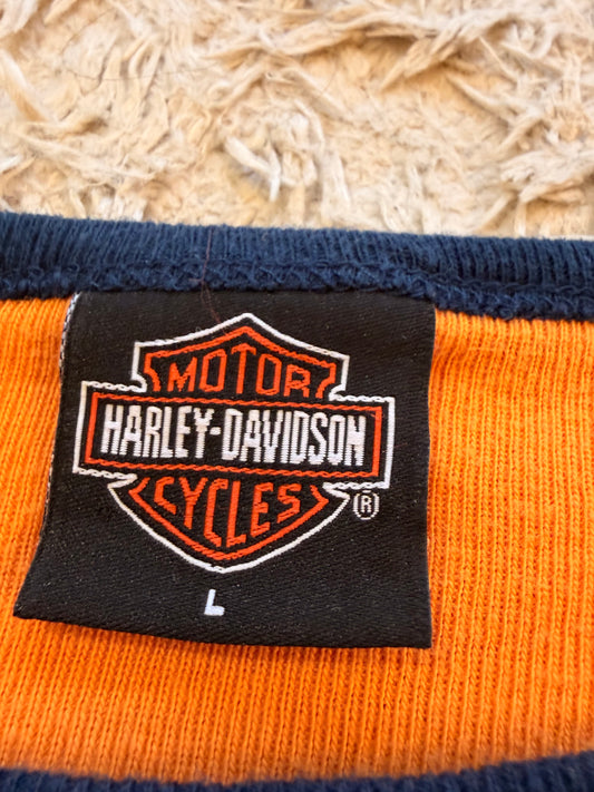 Top Manches Longues Harley-Davidson Vintage 2004 Holoubek D&S Phoenix Oregon Maille Côtelée Orange/Noir Brodé – Femme – Taille L