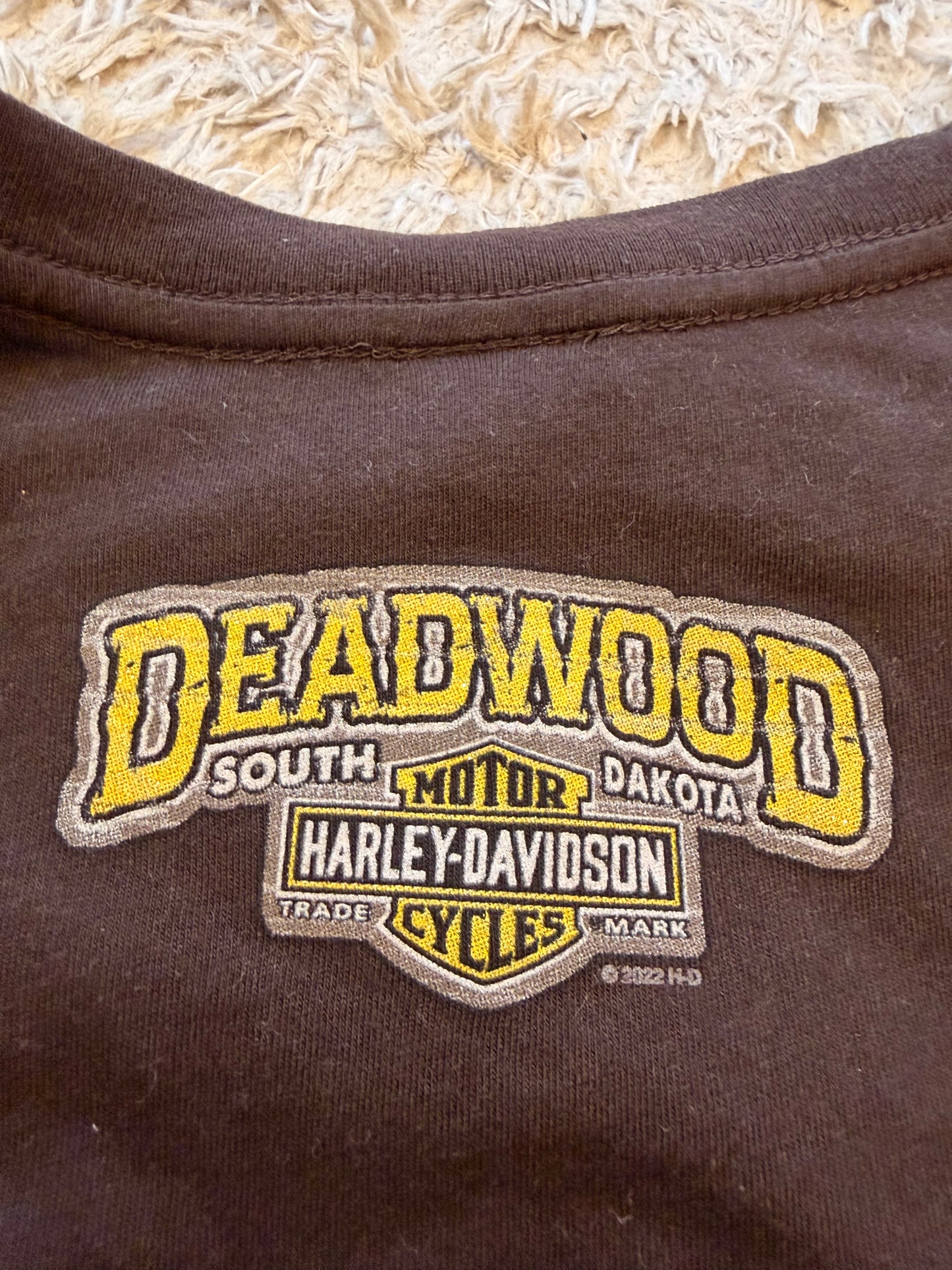 T-shirt Harley-Davidson Col V 2022 Deadwood South Dakota Marron Chocolat 100% Coton Logo Poitrine et Dos – Femme – Taille XL
