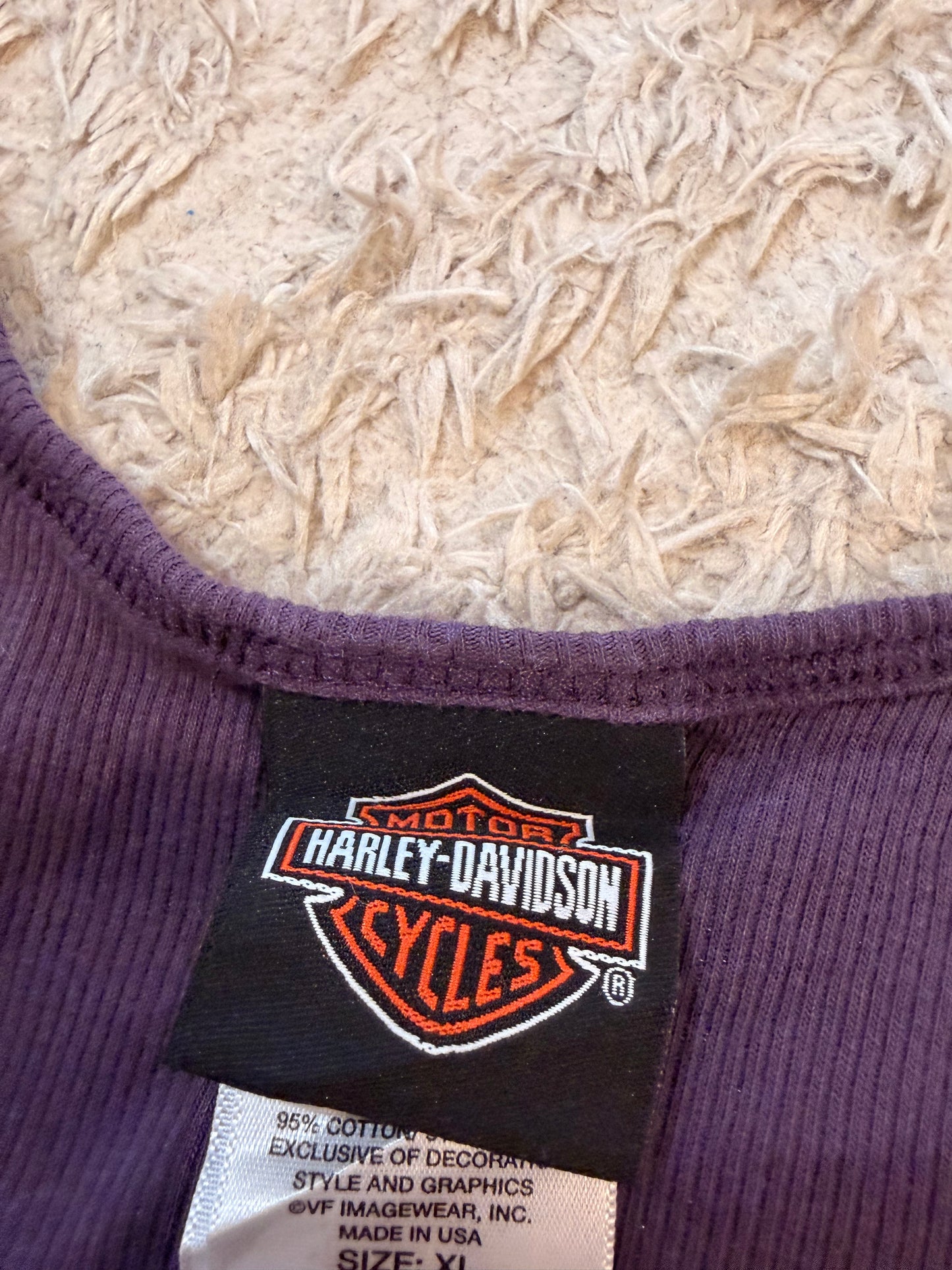 Débardeur Harley-Davidson Honolulu Hawaii Maille Côtelée Violet Prune Ride to Live Ailes Phénix Multicolores 95% Coton Made in USA – Femme – Taille XL