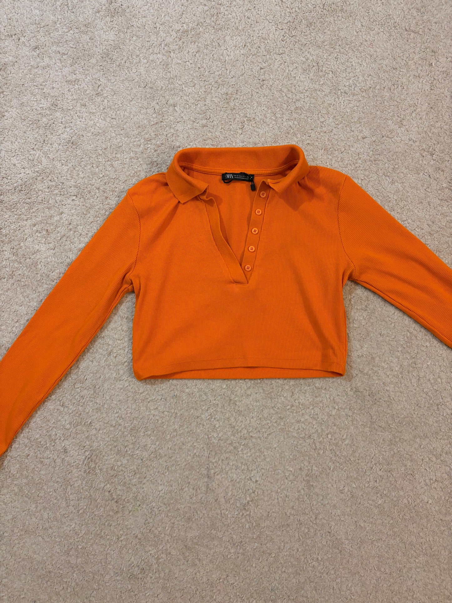 Top Crop Côtelé Zara Orange Flashy Manches Longues – Taille S