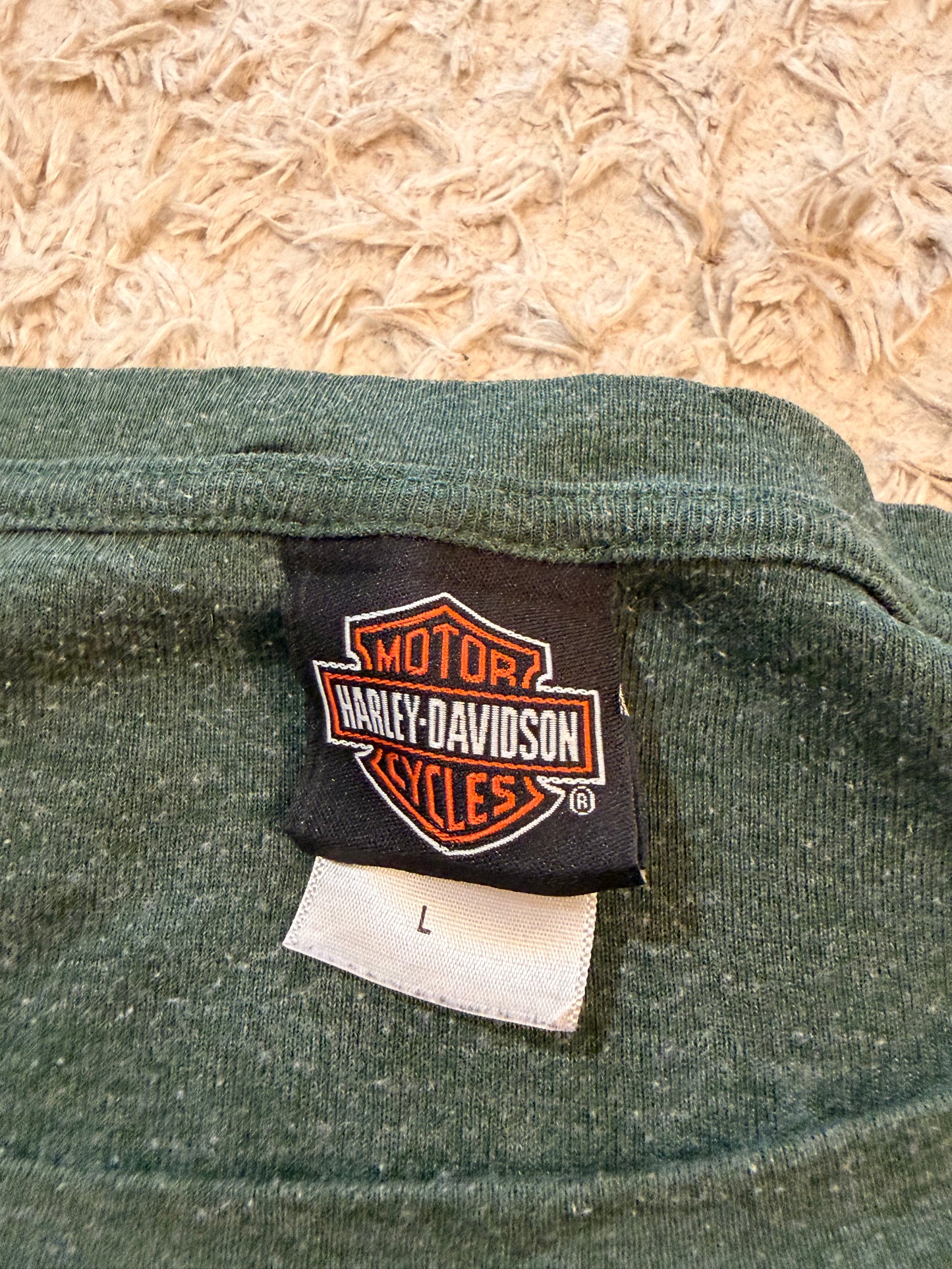T-shirt Manches Longues Harley-Davidson Legendary Factory Customs Vert Kaki Chiné Passe-Pouces Effet Distressed – Femme – Taille L