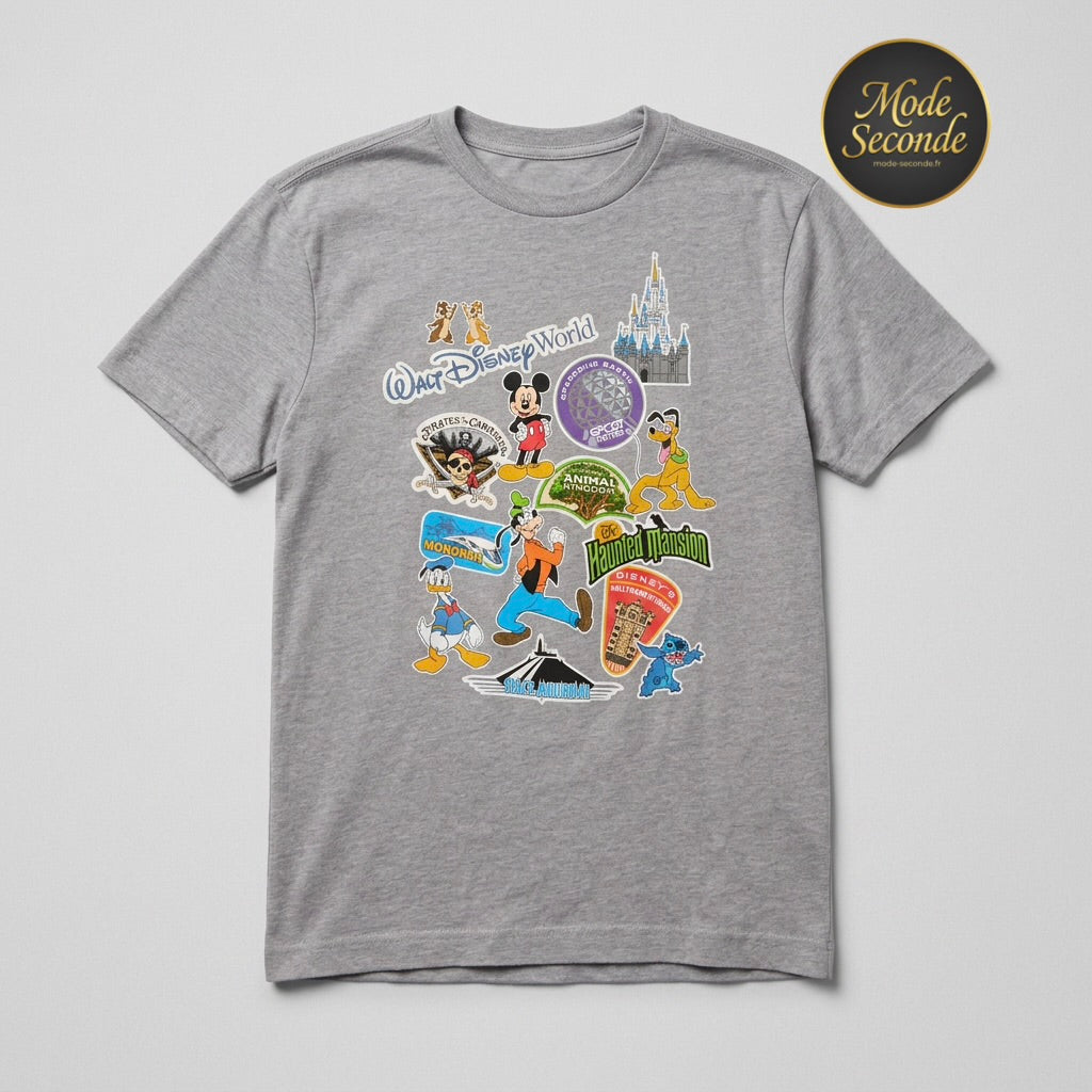 T-shirt Walt Disney World multi-logos attractions badges Mickey Stitch EPCOT gris chiné – Mixte – Taille L | Mode Seconde