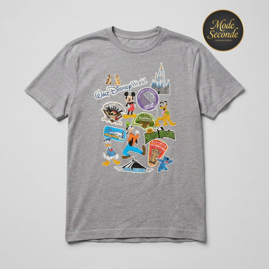 T-shirt Walt Disney World multi-logos attractions badges Mickey Stitch EPCOT gris chiné – Mixte – Taille L | Mode Seconde