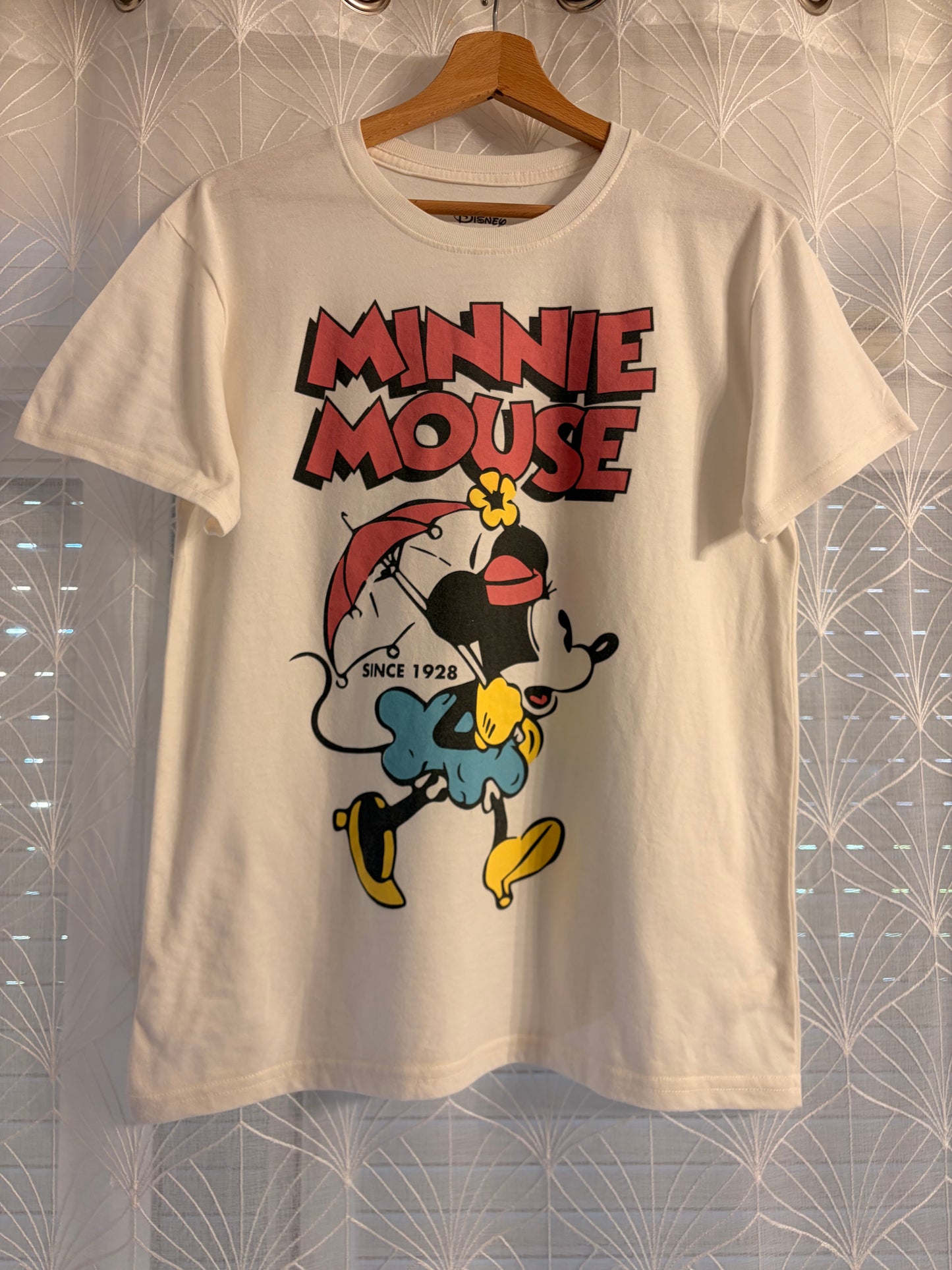 T-shirt Disney Minnie Mouse Since 1928 Vintage Blanc Crème Ombrelle 50% Coton 50% Polyester – Femme – Taille L