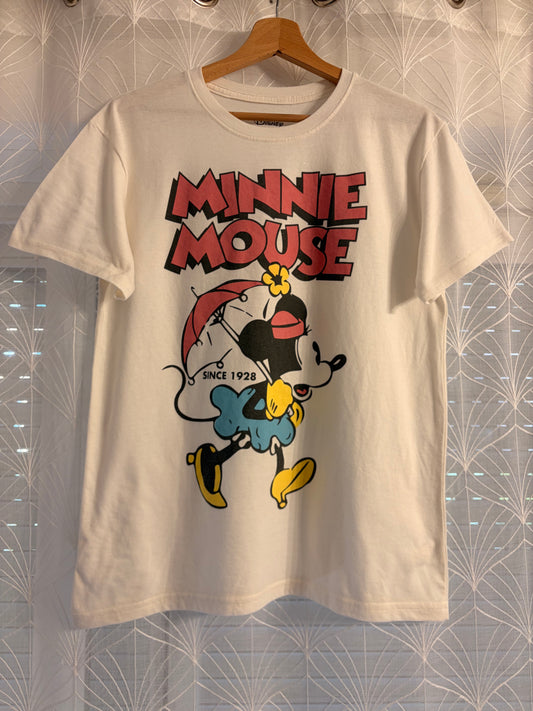 T-shirt Disney Minnie Mouse Since 1928 Vintage Blanc Crème Ombrelle 50% Coton 50% Polyester – Femme – Taille L