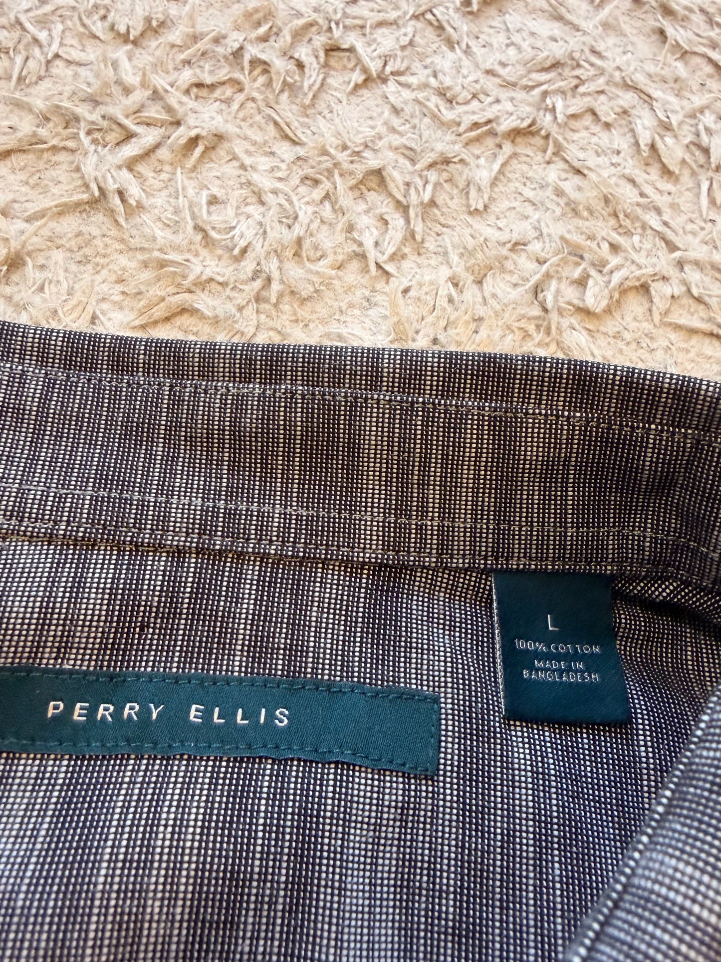 Chemisette Perry Ellis Gris Anthracite/Blanc Chiné Tissage Texturé Bicolore 100% Coton Manches Courtes – Homme – Taille L