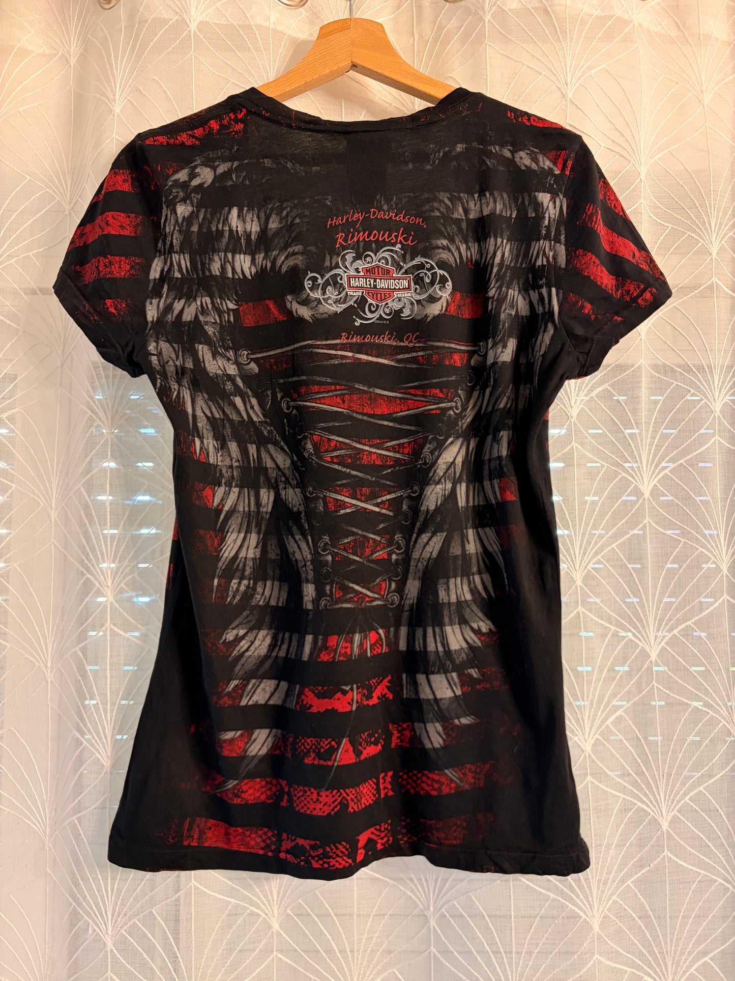 T-shirt Harley-Davidson Rimouski Québec Grunge Corset Col V 100% Coton – Femme – Taille M