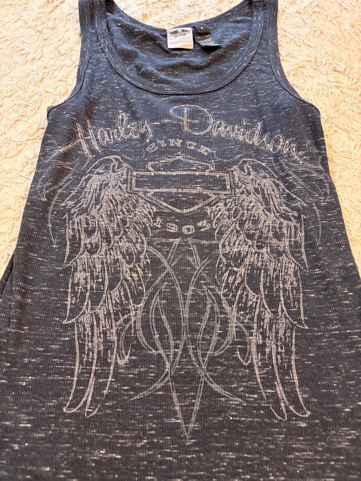 Débardeur Harley-Davidson Genuine MotorClothes Gris Anthracite Chiné Motif Ailes Strass Tissu Côtelé Stretch – Femme – Taille M