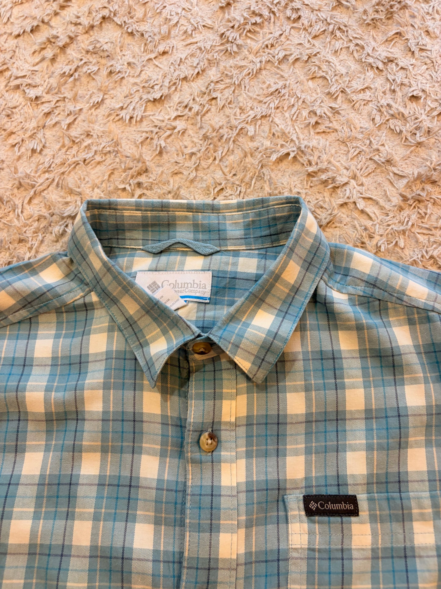 Chemise Columbia Vapor Ridge III Plaid AM8053 Carreaux Bleu Ciel/Blanc/Beige 97% Coton Stretch Poche Brodée – Homme – Taille L