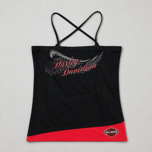 Top débardeur Harley-Davidson asymétrique bretelles croisées noir rouge paillettes roses femme taille L – Mode Seconde