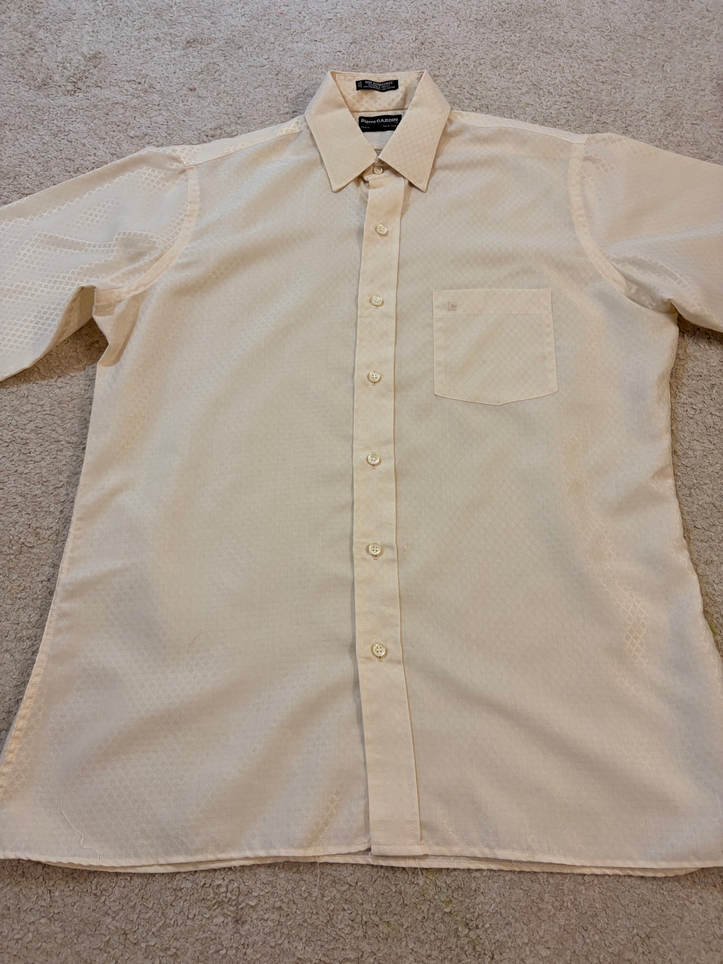 Chemise Pierre Cardin Crème Texturée Jacquard Non-Iron Manches Longues – Homme – Taille 16 (M/L)