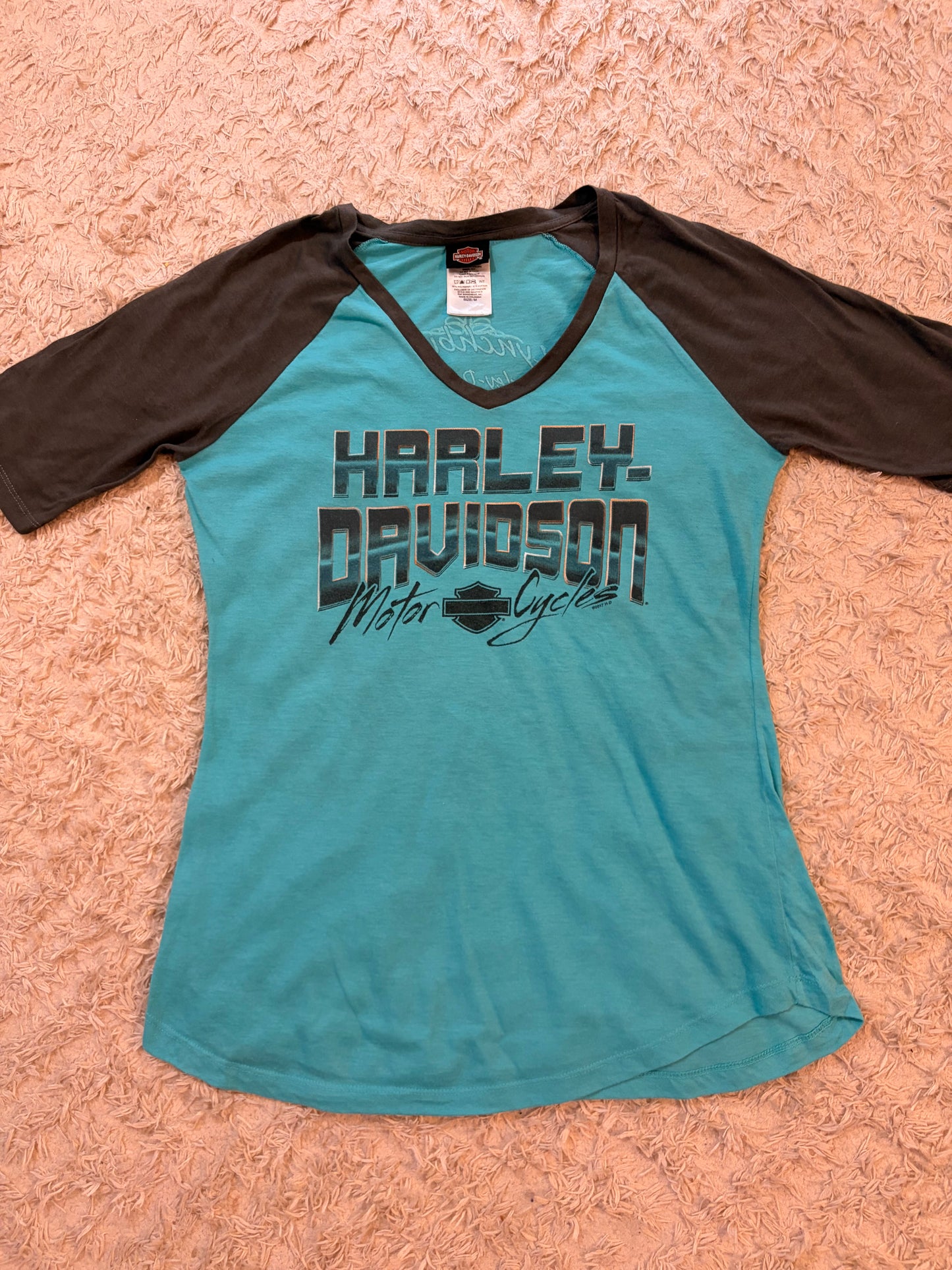 T-shirt Harley-Davidson Lynchburg Tennessee Raglan Bicolore Bleu Turquoise/Gris Logo Métallisé – Femme – Taille M