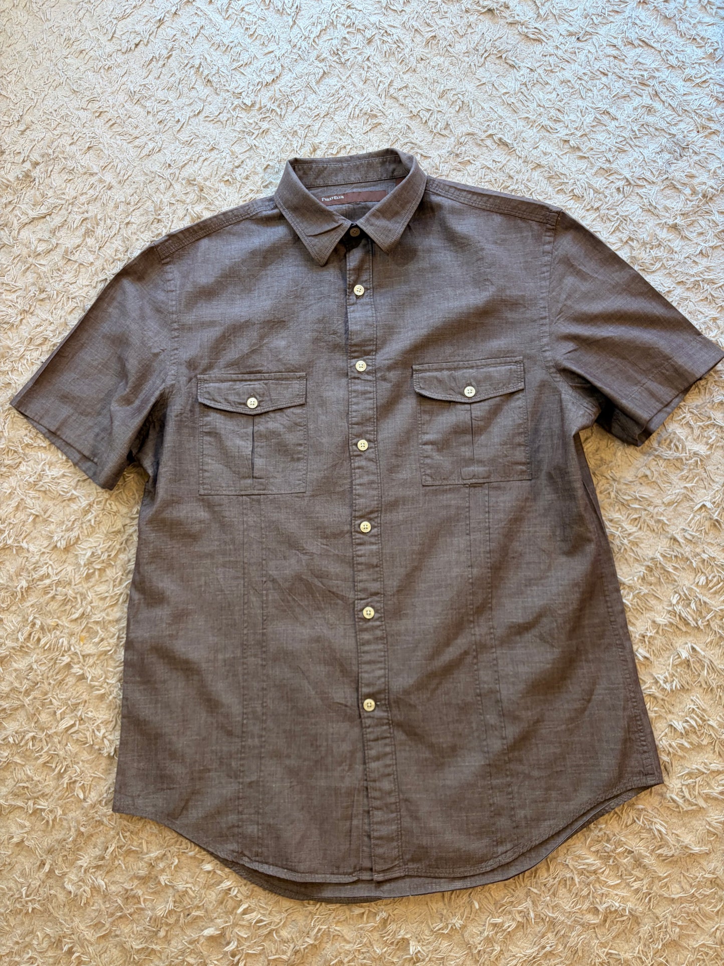 Chemise Manches Courtes Perry Ellis Marron/Taupe Chiné 100% Coton Double Poche – Homme – Taille M