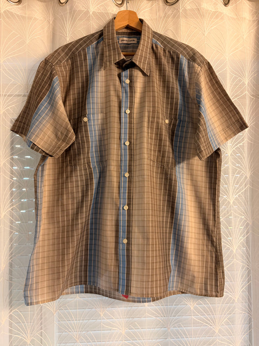 Chemise Pierre Cardin Manches Courtes Carreaux & Rayures Bleu / Brun – Taille L