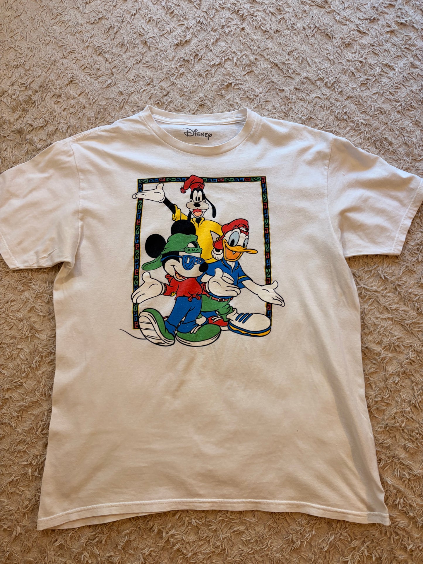 T-shirt Disney Mickey Donald Dingo Streetwear Hip-Hop Vintage 90s Blanc Crème 100% Coton – Unisexe – Taille L