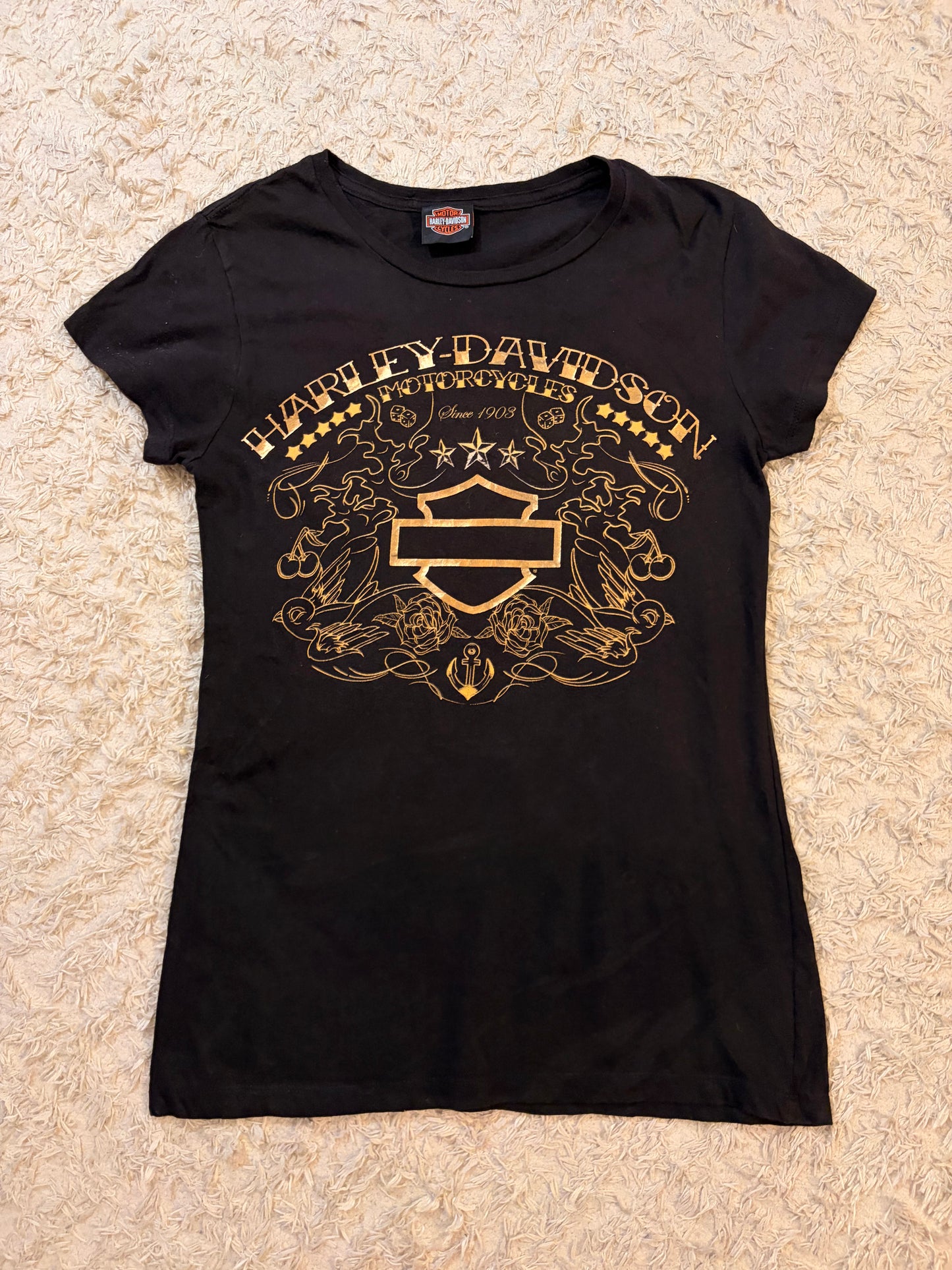 T-shirt Harley-Davidson Bahamas Noir Imprimé Doré Tatouage Roses Ancre Hibiscus 100% Coton – Unisexe – Taille XL