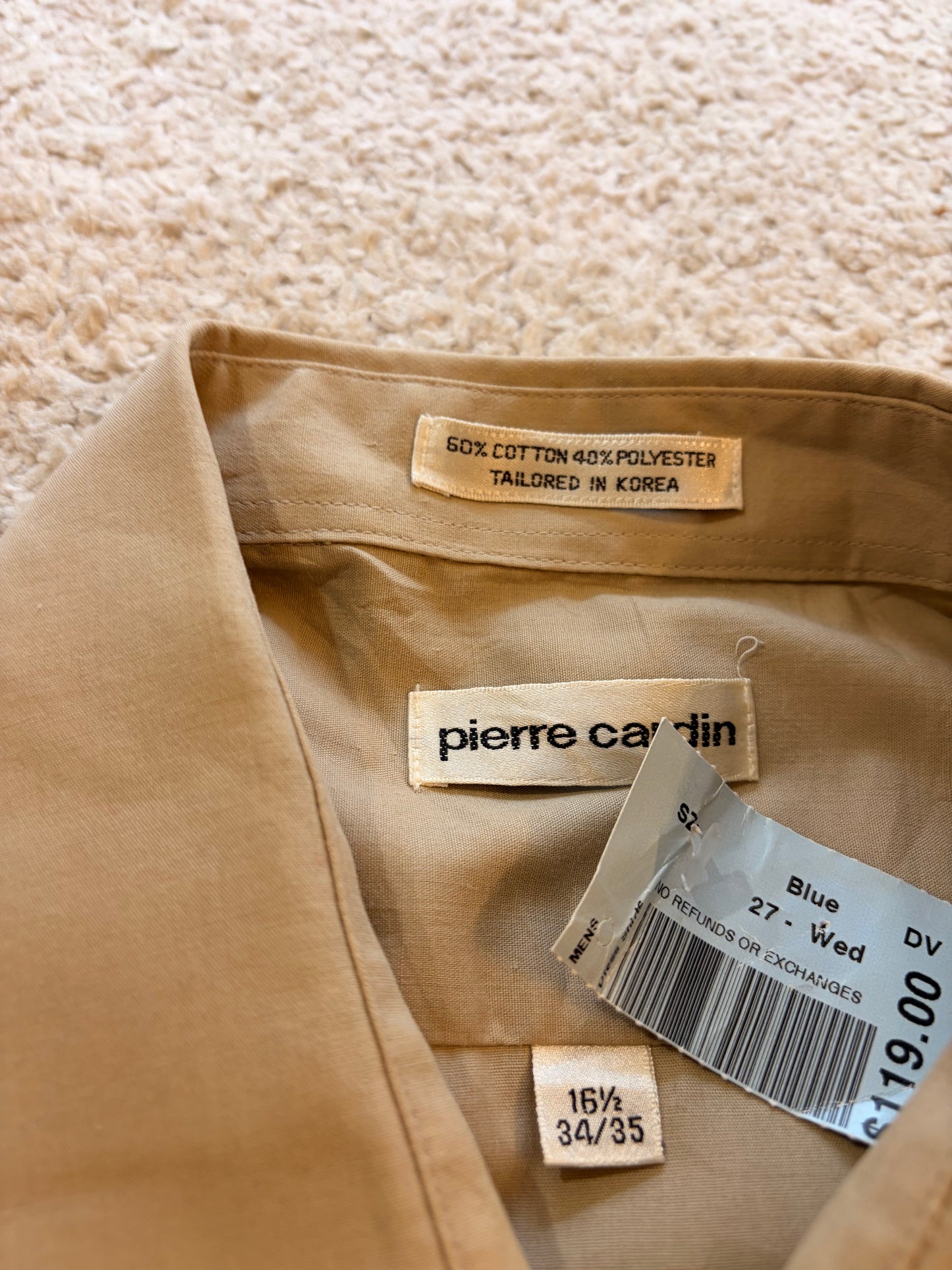 Chemise Pierre Cardin Beige Manches Longues – Neuve avec Étiquette – Taille L (16½)