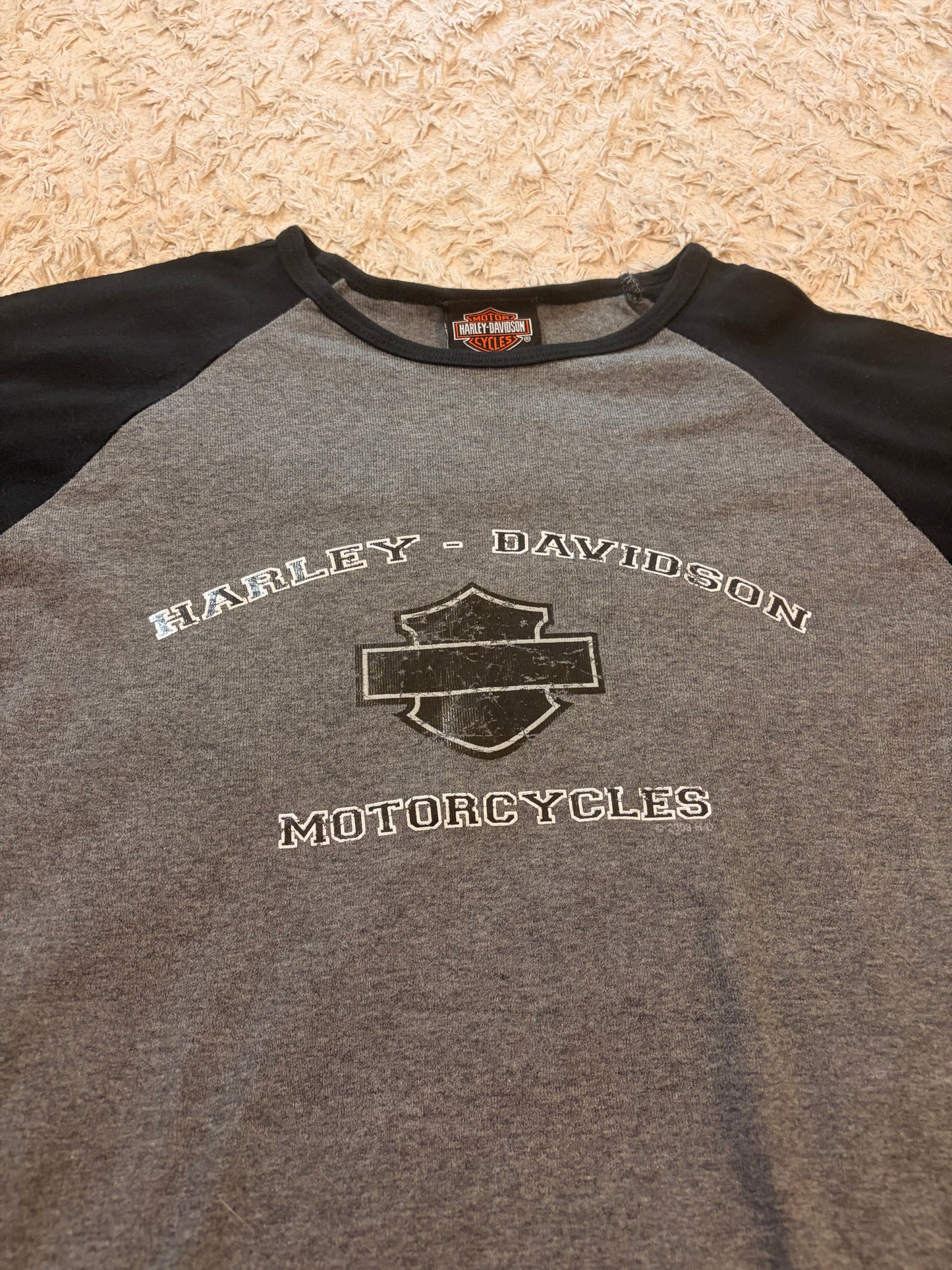 T-shirt Raglan Harley-Davidson Vintage 2004 La Crosse Area Onalaska Wisconsin Gris Chiné/Noir Manches 3/4 100% Coton Made in USA – Femme – Taille M/L